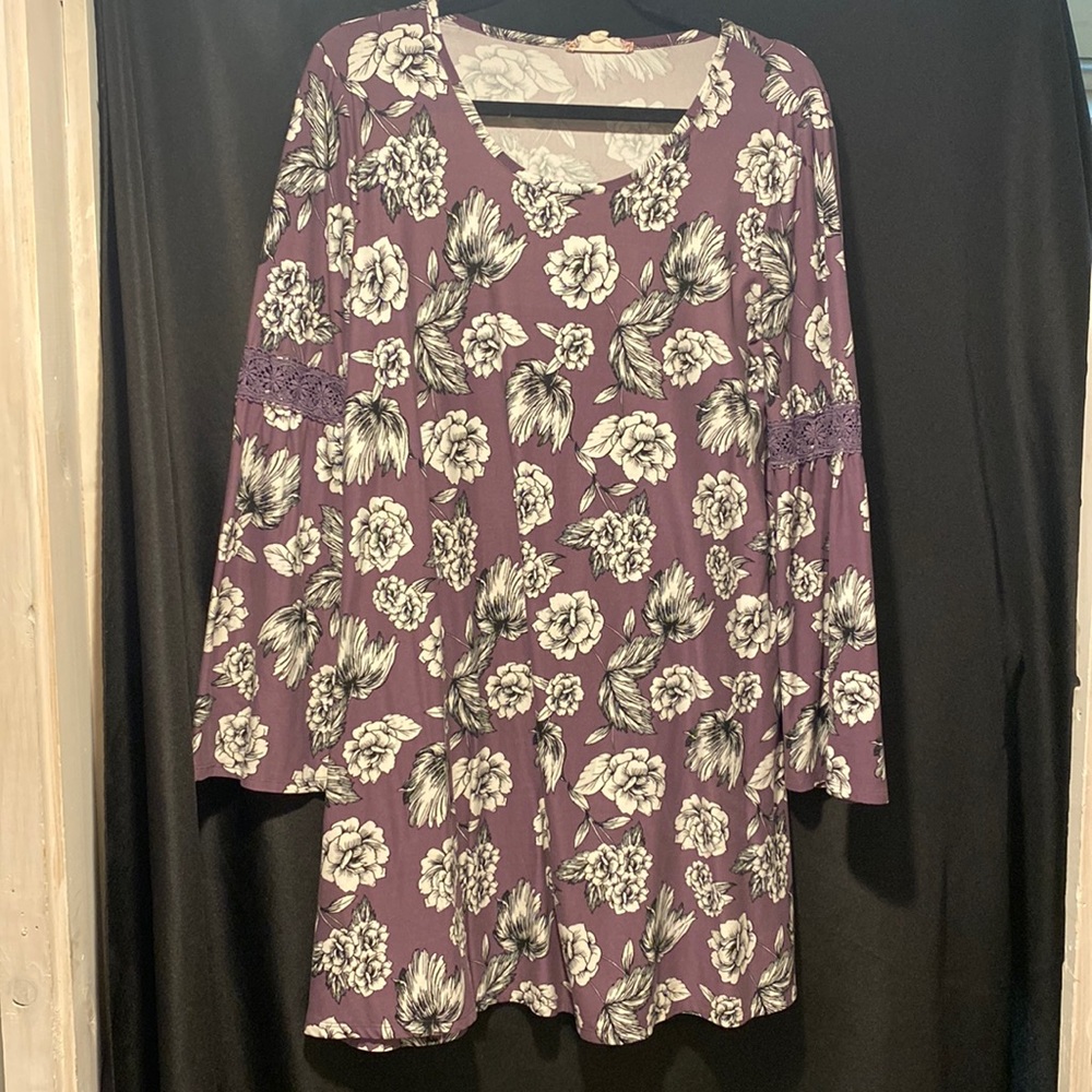 Women’s purple A-line dress with white and black floral accents